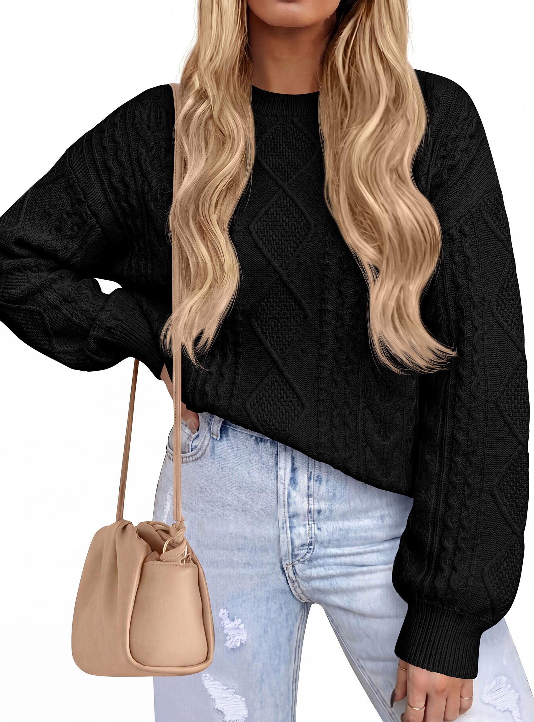 PRETTYGARDEN Womens Cable Knit Sweater Crewneck Pullover | Soft Ribbed Cuffs,Relaxed Fit Long Sleeve Sweaters,Chunky Diamond,Warm Layering,Comfy Daily Wear,Fall Winter Going out Top
