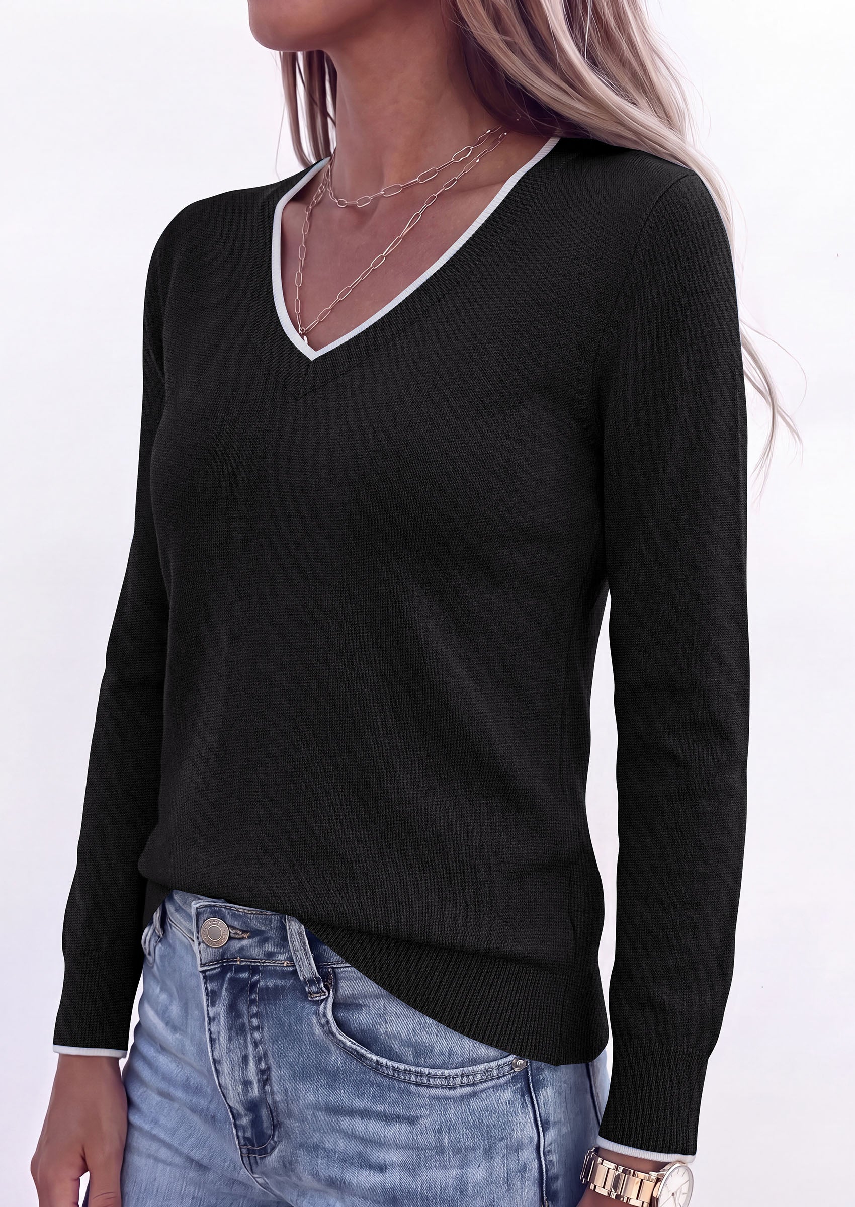 PRETTYGARDEN Women's V Neck Sweater Long Sleeve Knit Tops | Contrast Trim, Cozy Lightweight Pullover, Loose Basic Soft, Business Casual, Holiday Vacation Outfits, Fall Winter Clothes