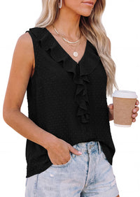 PRETTYGARDEN Womens Tank Tops 2026 Summer Dressy Casual Blouses Sleeveless Ruffle V Neck Swiss Dot Button Down Work Shirts PRETTYGARDEN