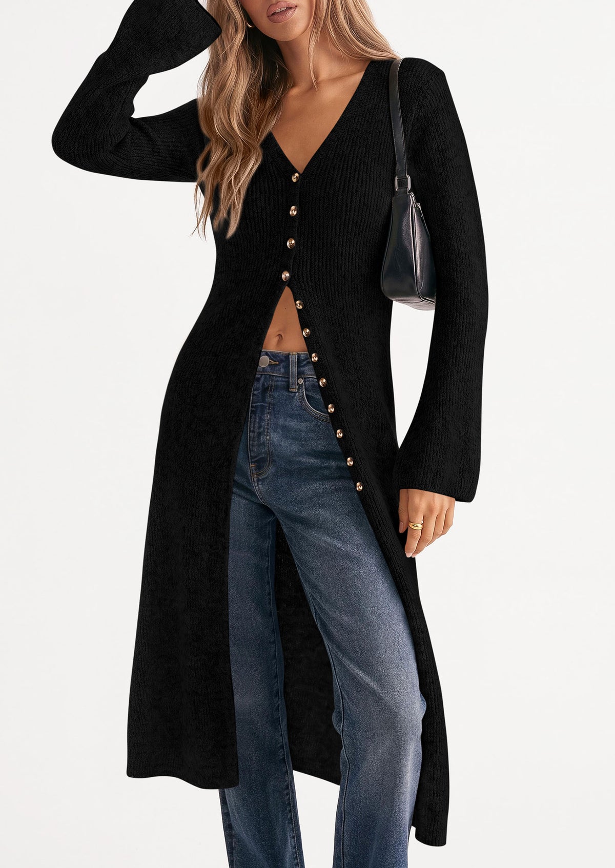 PRETTYGARDEN Women Long Cardigan Bell Sleeve Sweater Dress  Early Fall Fashion, V Neck Button Down Coats, Fit and Flare, Duster Sweater, Business Casual Outfits, Acrylic Cotton Blend