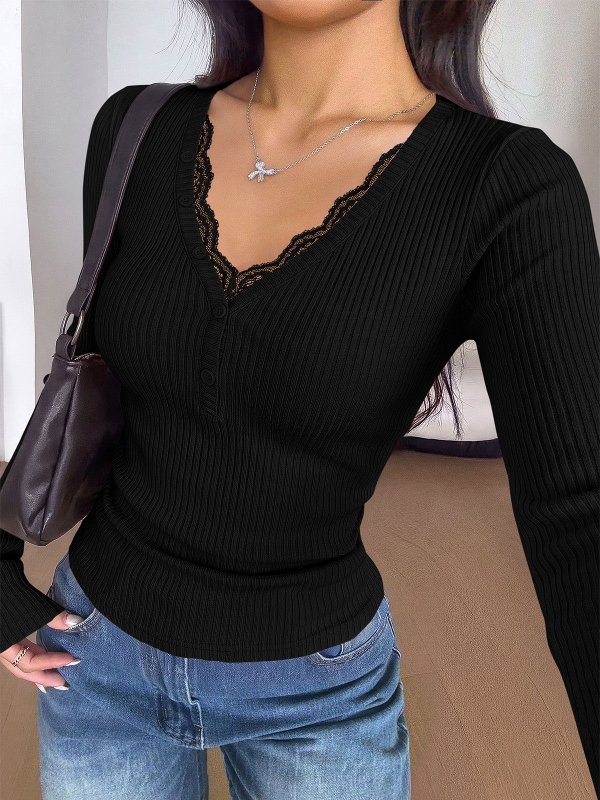 PRETTYGARDEN Women's Lace Trim Ribbed Knit Henley Long Sleeve Shirts Lightweight Button Up V Neck Pullover Tops, Dressy Casual Slim Fit Ladies Blouses, 2026 Early Fall Fashion Y2k Outfits