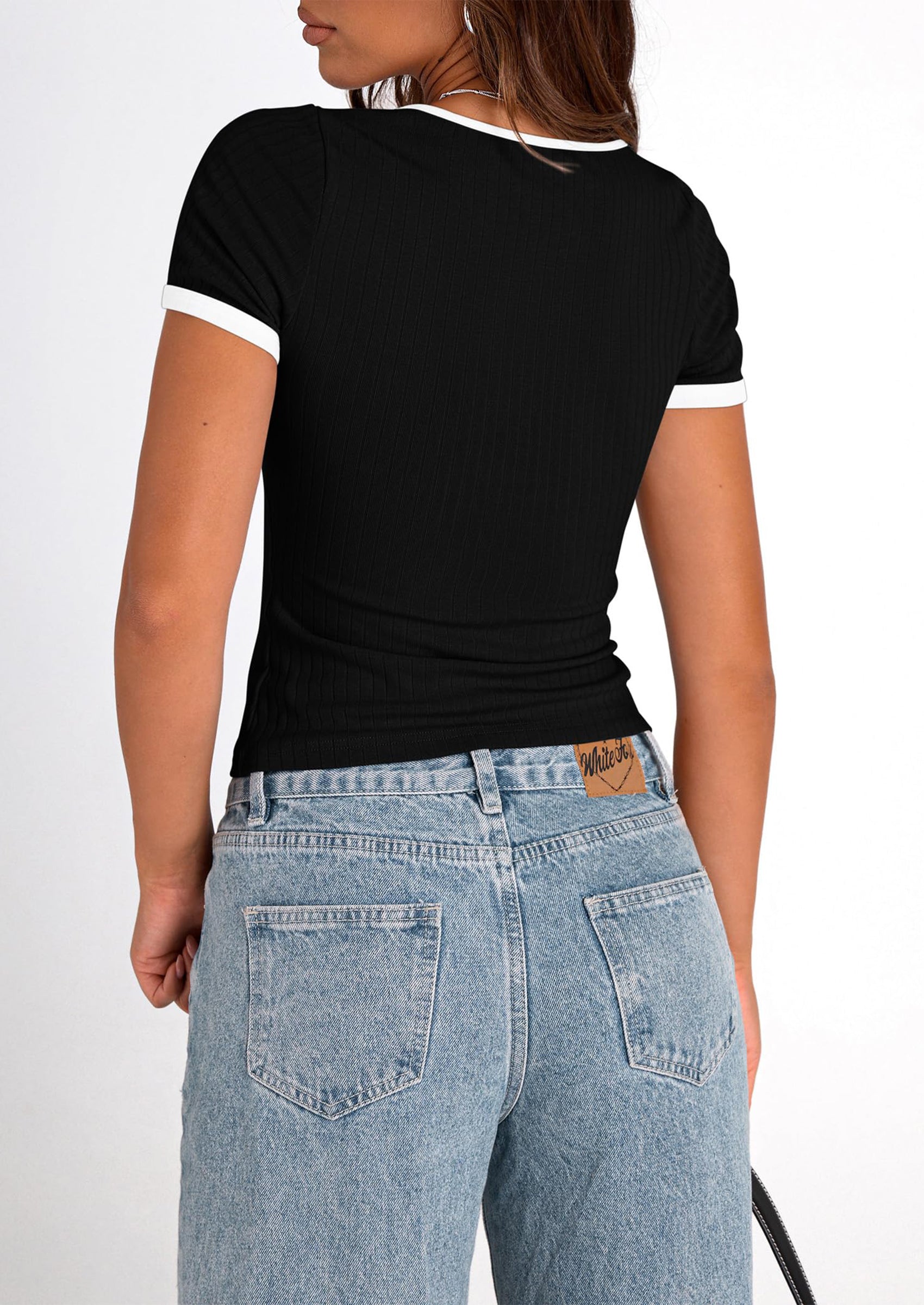 PRETTYGARDEN Women's Summer Short Sleeve T Shirts Ribbed Knit Square Neck Color Block Slim Fit Basic Casual Crop Tops Blouses