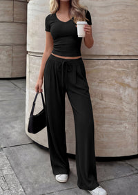 PRETTYGARDEN 2 Piece Sets for Women Summer 2026 Spring Lounge Set Matching V Neck Tops Wide Leg Pants Airport Travel Outfits PRETTYGARDEN