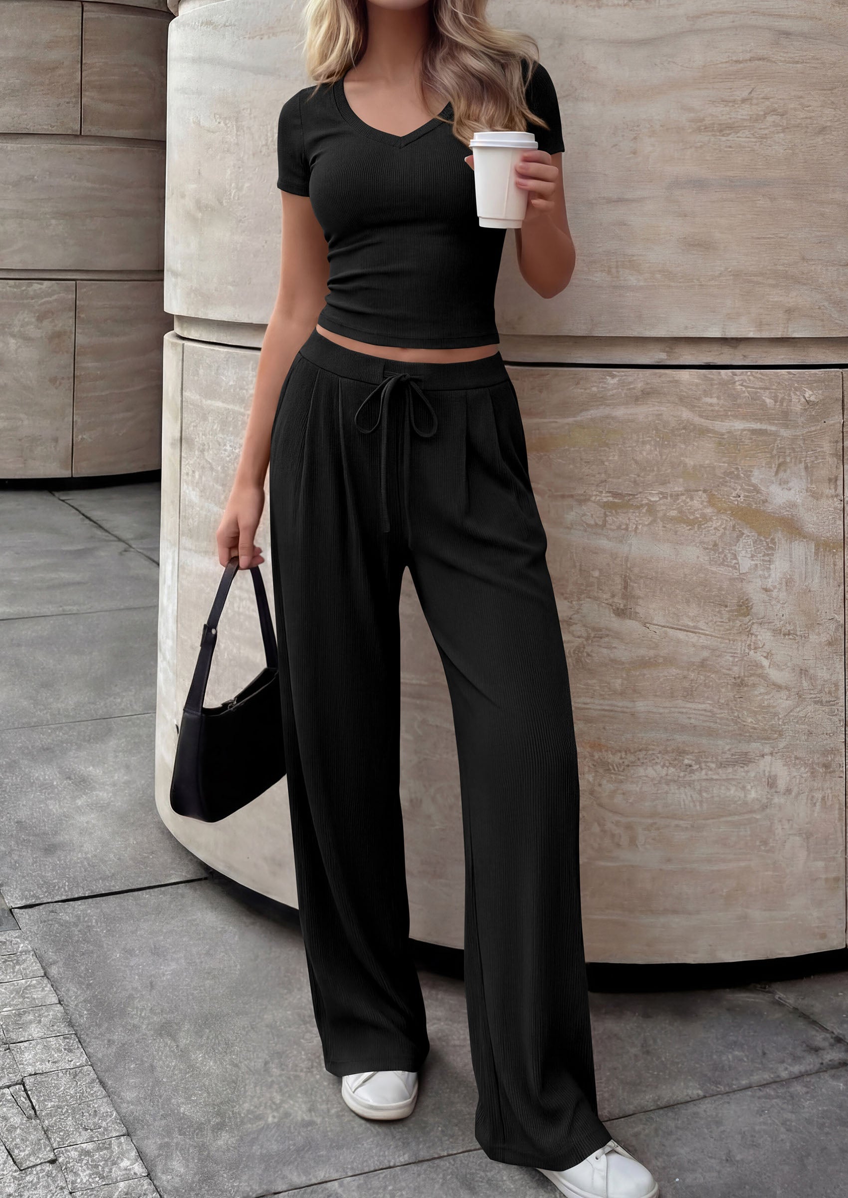 PRETTYGARDEN 2 Piece Sets for Women Summer 2026 Spring Lounge Set Matching V Neck Tops Wide Leg Pants Airport Travel Outfits PRETTYGARDEN