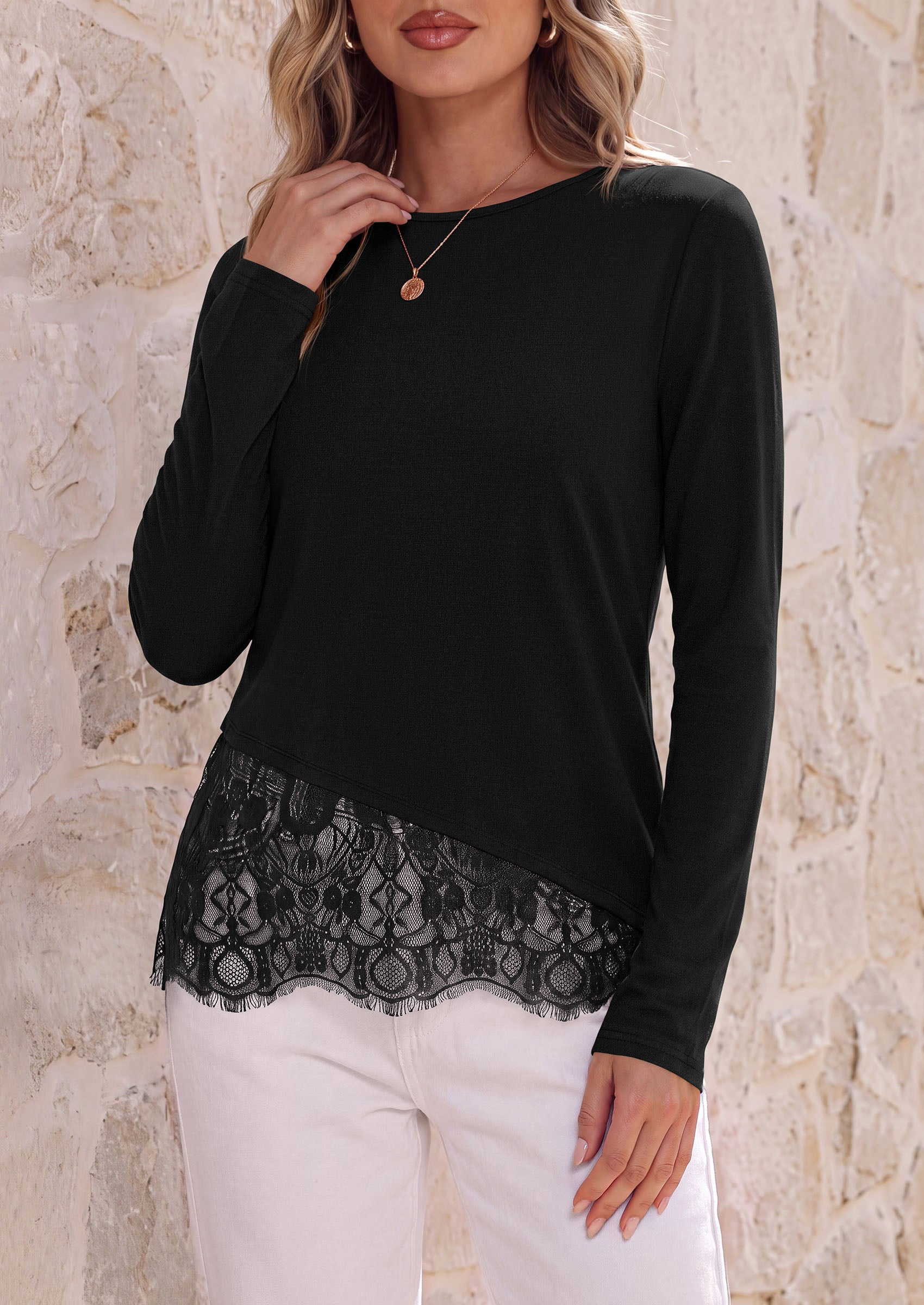 PRETTYGARDEN Women's Lace Patchwork Long Sleeve Shirts | Soft Casual Tops,Irregular Asymmetrical Hem,Crew Neck Thermal Blouses,Loose Fit Layer Tee,Fashion Fall Winter Daily Wear
