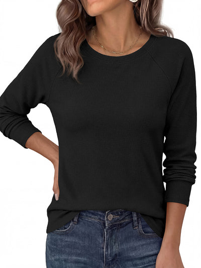 PRETTYGARDEN Womens Long Sleeve Shirts Waffle Knit Lightweight Fall Tops | Crewneck Loose Fit Curvy Hem Pullover Top, Soft Comfy Cute Tee Shirt, Dressy Casual Office Work Outfits, Fashion Clothing
