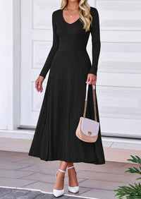 PRETTYGARDEN Women's Fall V Neck Pleated Midi Sweater Dress  Stretchy Ribbed Knit,Long Sleeve,A Line Flowy Skirt,Elegant Long Dresses for Wedding Guest,Work Office,Winter Party Outfits