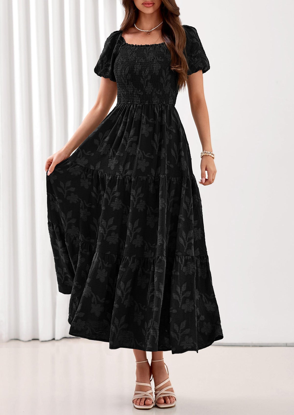 PRETTYGARDEN Women's 2026 Summer Boho Maxi Dresses Floral Short Sleeve Square Neck Smocked Flowy Long Dress Vacation Outfits PRETTYGARDEN