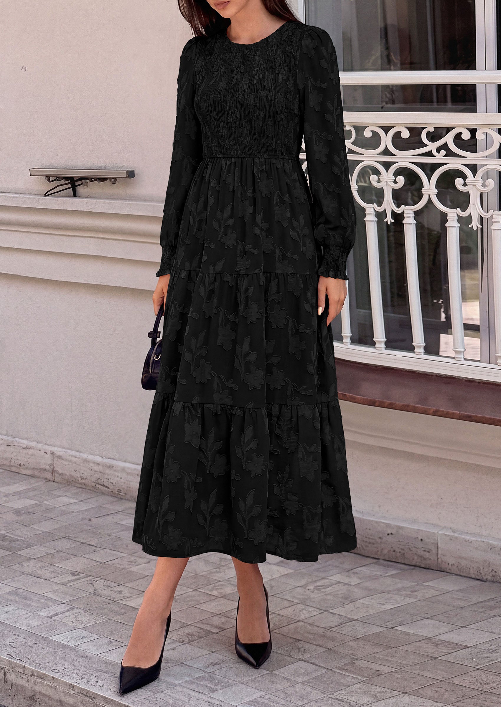 PRETTYGARDEN Fall Floral Long Sleeve Wedding Guest Dress for Women Pockets | Casual Textured Jacquard Smocked High Waist A-line Boho Flowy Midi Dress, Semi Formal Cocktail Dresses for Women 2026