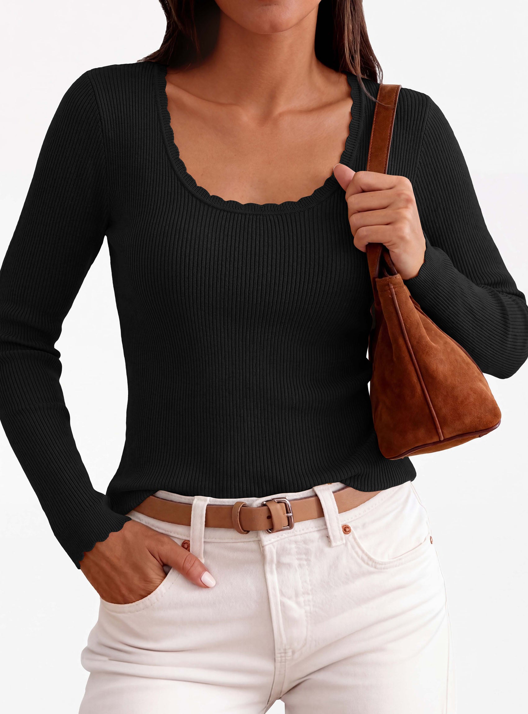 PRETTYGARDEN Women's Fall Lightweight Ribbed Knit Sweaters | Stretchy Cozy Knitwear,Scalloped Scoop Neck,Long Sleeve Shirts,Slim Fitted Pullover,Basic Layering Tops,Cute Casual Outfits
