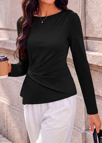 PRETTYGARDEN Womens Ruched Tops Casual Long Sleeve Shirt  Soft Stretchy Knit, Round Neck Slim Fitted Shape, Pleated Asymmetrical Hem, Office Work Daily Wear, Trendy Fall Outfits