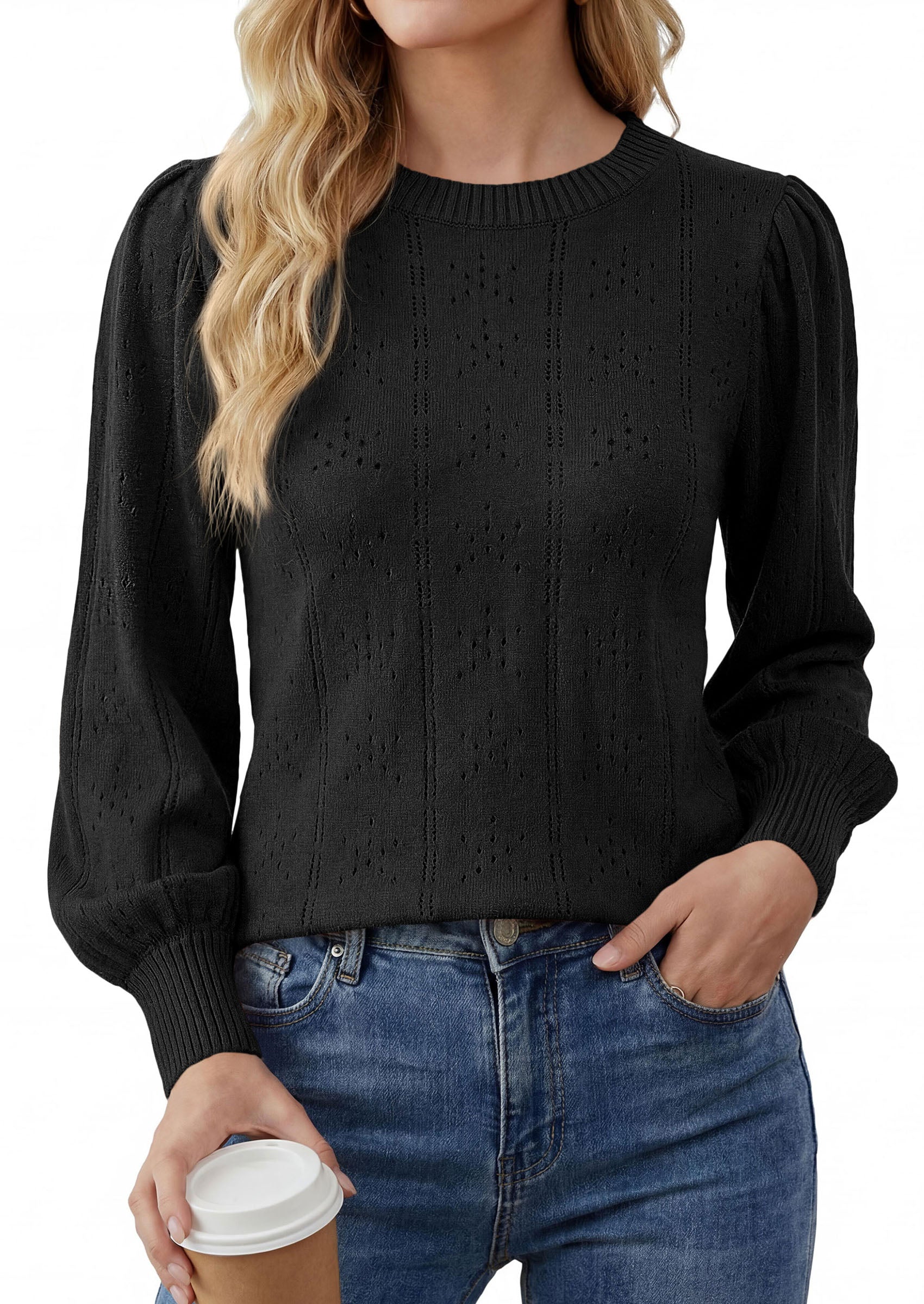 PRETTYGARDEN Women Fall Fashion Hollow Out Holiday Sweaters | Stretchy Cozy Knit, Puff Long Sleeve Pullover Tops, Crewneck Loose Fit, Dressy Casual Blouse, Trendy Winter Going Out Outfits