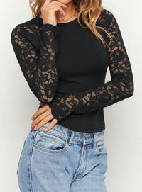 PRETTYGARDEN Sheer Lace Raglan Long Sleeve Shirts for Women | Soft Stretchy Knit,See Through Floral Sleeves,Crewneck Fitted Tshirts,Daily Going Out Tops,Office Layer,Fall Fashion Clothing