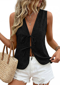 PRETTYGARDEN Women 2026 Summer Tie Front Eyelet Tank Tops Trendy Floral Vest Sleeveless V Neck Dressy Blouse Vacation Outfits PRETTYGARDEN