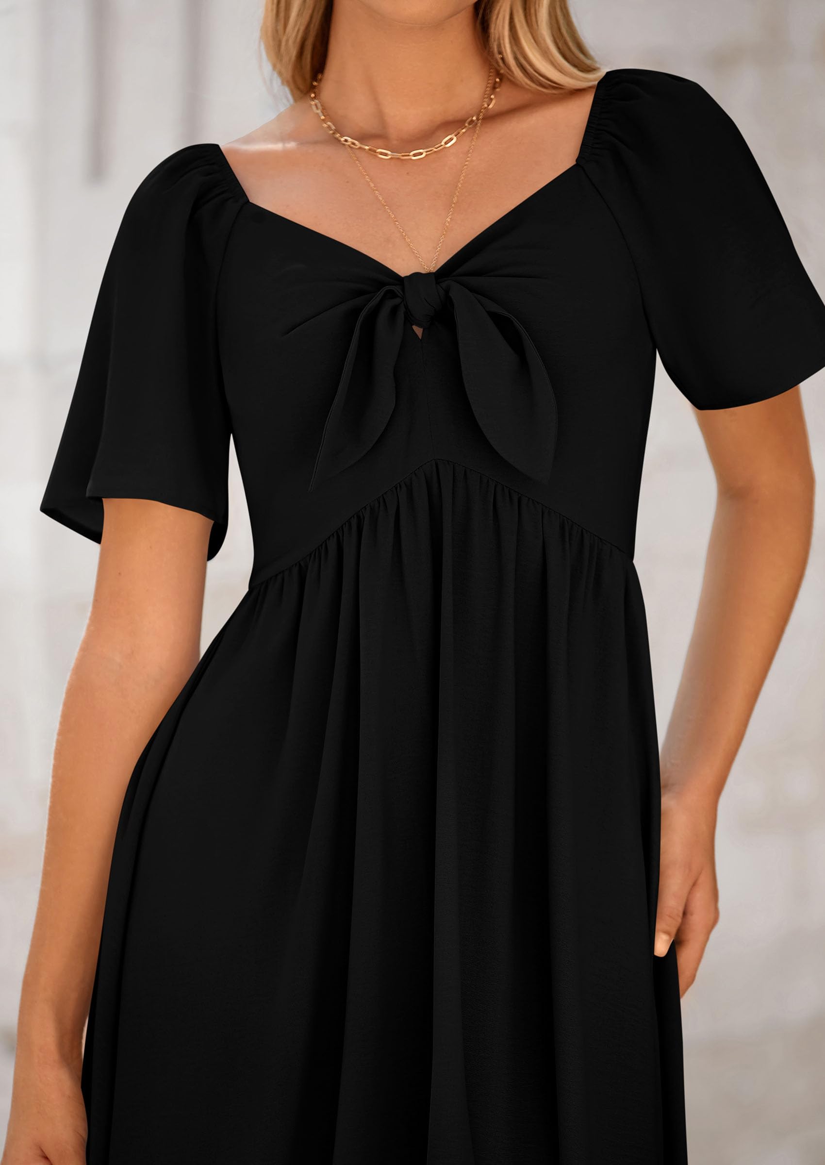 PRETTYGARDEN Summer Dress for Women Casual Short Sleeve Bow Tie V Neck Ruffle Midi Flowy Dresses