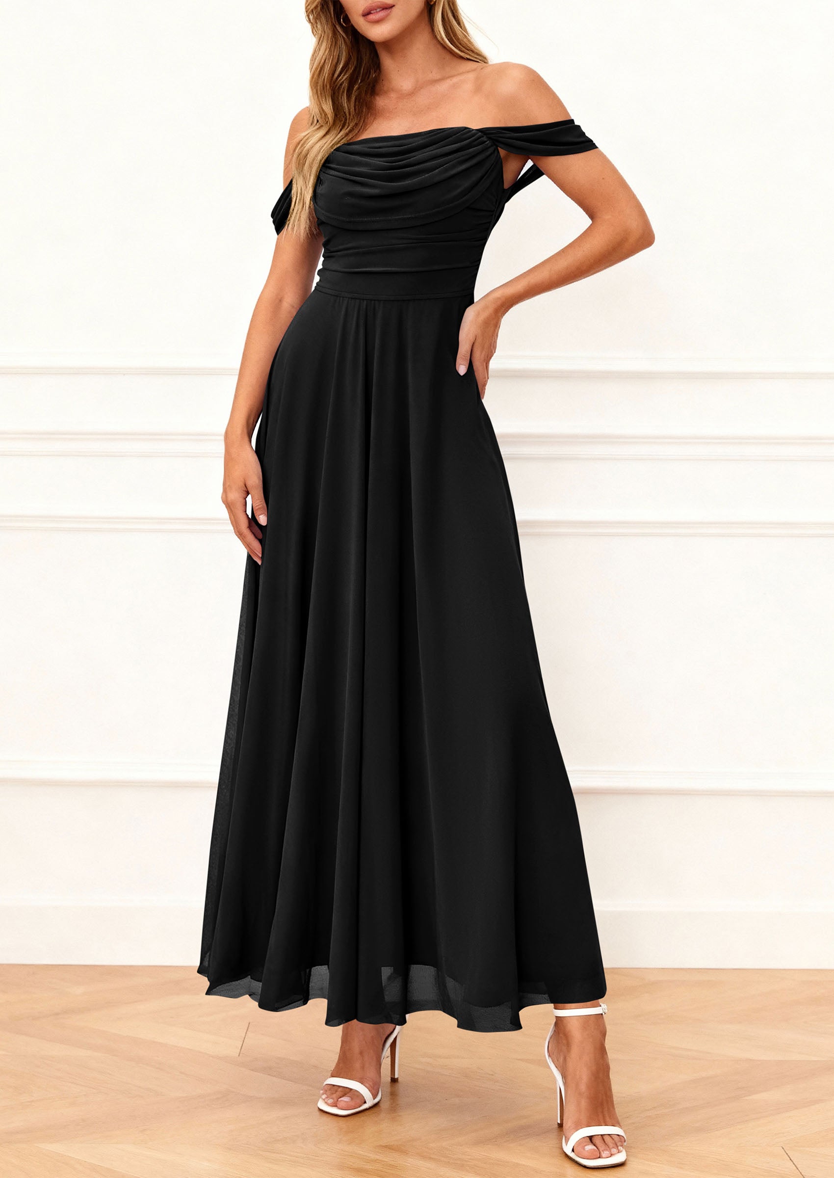 PRETTYGARDEN Womens Off Shoulder Maxi Summer Dresses 2026 Elegant Mesh Aline Swing Ruched Flowy Cocktail Wedding Guest Dress PRETTYGARDEN