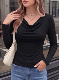 PRETTYGARDEN Cowl Neck Tops for Women Fashion Long Sleeve Shirt  Comfy Ruched Shirts, Soft Lightweight Knit, Chic Cowl Neck Top, Casual Going Out Outfits, Fall Winter Trendy Clothes
