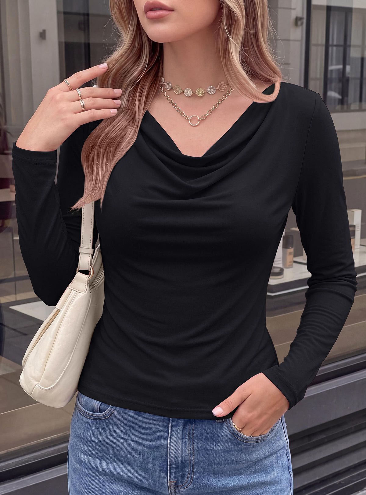 PRETTYGARDEN Cowl Neck Tops for Women Fashion Long Sleeve Shirt  Comfy Ruched Shirts, Soft Lightweight Knit, Chic Cowl Neck Top, Casual Going Out Outfits, Fall Winter Trendy Clothes