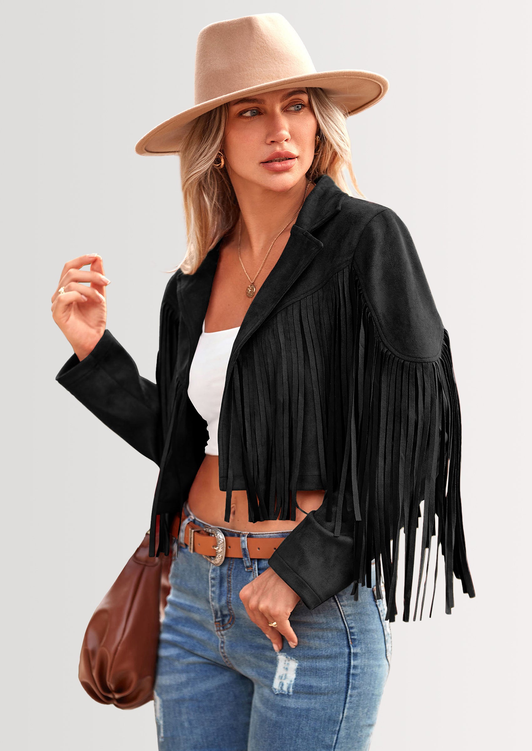 PRETTYGARDEN Women's Fringe Faux Suede Leather Jackets Fashion Tassel Motorcycle Cropped Coats