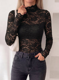 PRETTYGARDEN Womens Lace Long Sleeve Top Mesh Sheer Blouses Mock Neck See Through Slim Fitted Tops 2026 Fall Fashion Clothes