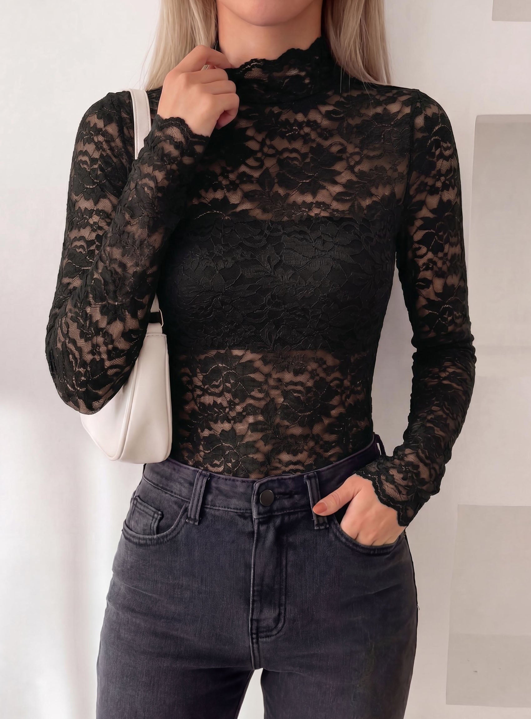 PRETTYGARDEN Womens Lace Long Sleeve Top Mesh Sheer Blouses Mock Neck See Through Slim Fitted Tops 2026 Fall Fashion Clothes
