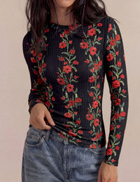 PRETTYGARDEN Womens Long Sleeve Shirts Floral Y2K Tops | Soft Lightweight Ribbed Knit Top,Fitted Waist,Crew Neck Slim Fit,Going Out Vacation Outfits,Layering Fall Winter Clothes