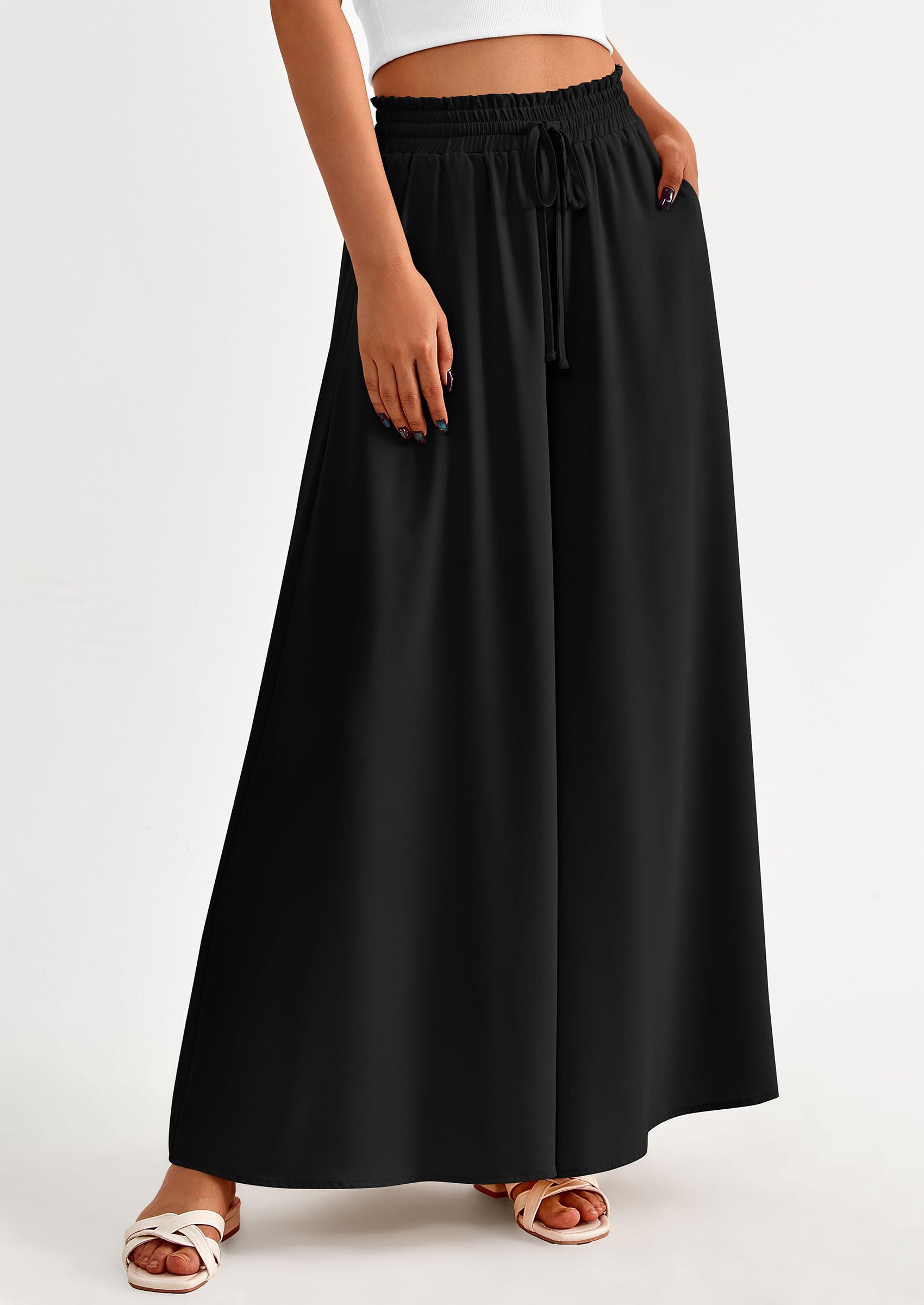 PRETTYGARDEN Women's Summer Wide Leg Palazzo Pants High Waisted Flowy Pockets Trendy Casual Lounge Boho Beach Trousers