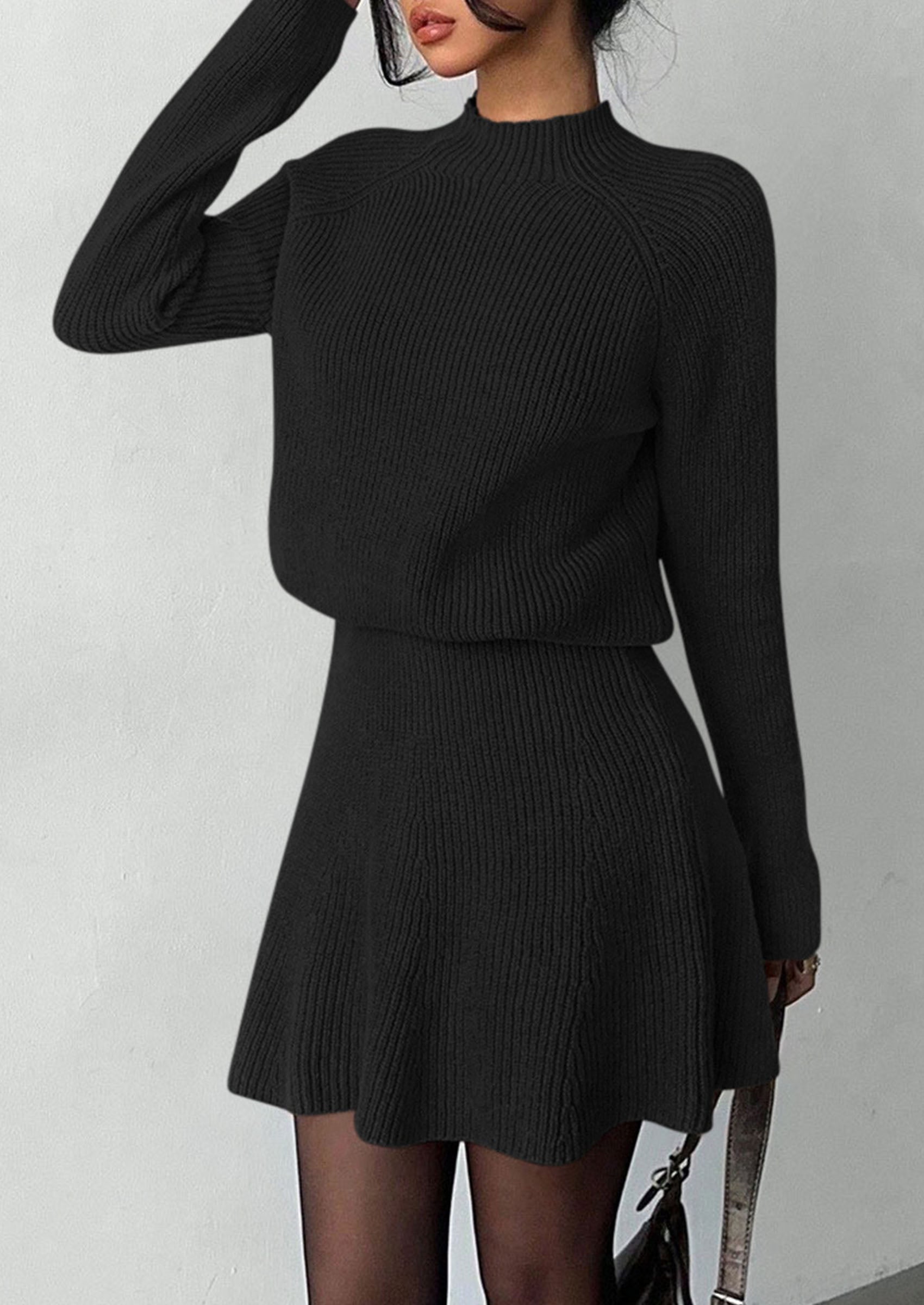 PRETTYGARDEN Women's Fall 2 Piece Outfits Matching Sweater Skirt Sets  Cozy Ribbed Knit, Raglan Long Sleeve, Crewneck Pullover, Elastic Waist A Line, Mini Short Skirts, Holiday Winter Clothing