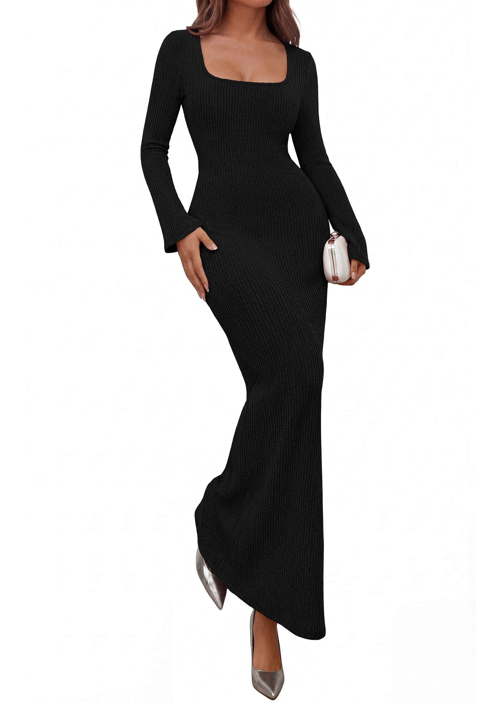 PRETTYGARDEN Women's Fall Long Sleeve Maxi Bodycon Dresses | Soft Stretchy Ribbed Knit, Bell Sleeve Square Neck Mermaid, Elegant Long Dress, Wedding Guest Party, 2026 Winter Clothing