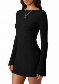 PRETTYGARDEN Womens Fall Bell Long Sleeve Mini Dress 2026 Casual Boat Neck Ribbed Bodycon Short Party Cocktail Dresses