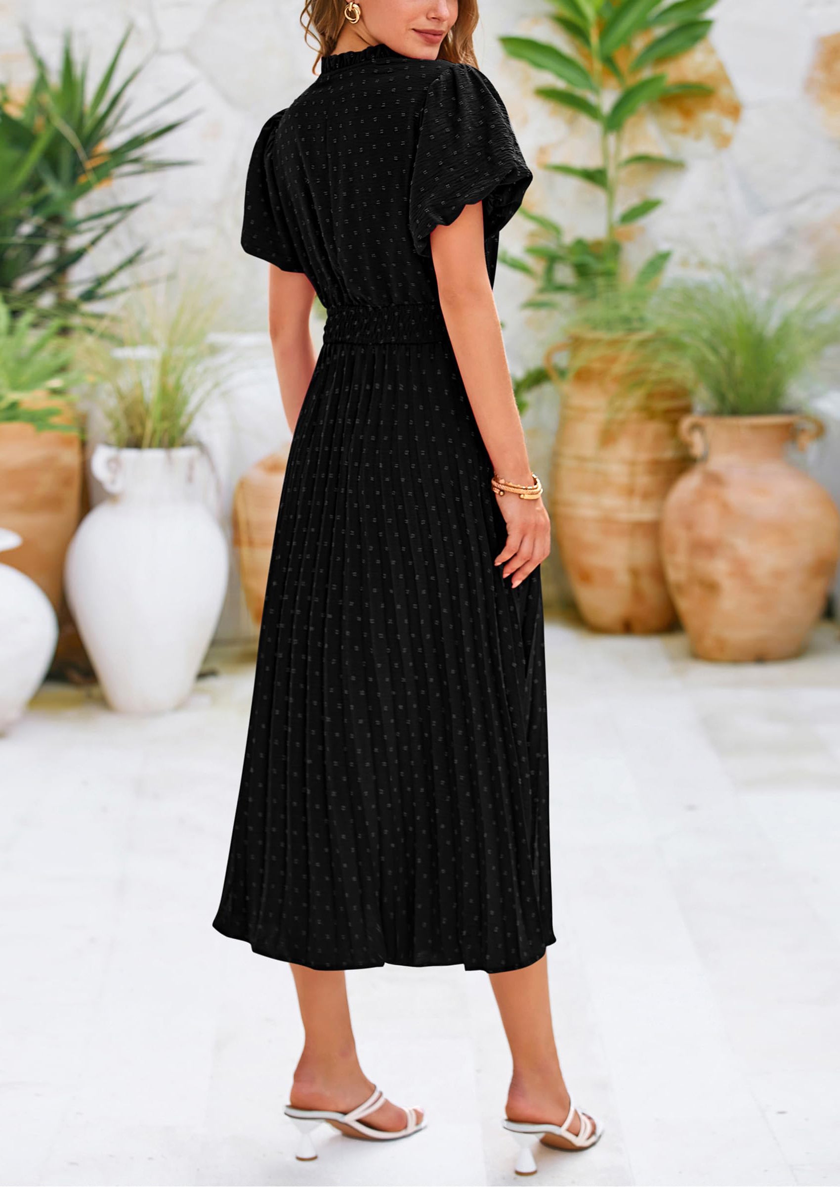 PRETTYGARDEN Womens Midi Dresses Puff Short Sleeve V Neck Swiss Dot Pleated A Line Flowy Long Wedding Guest Dress