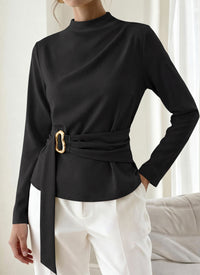 PRETTYGARDEN Women Blouses Fall Dressy Mock Neck Long Sleeve Work Shirts Buckle Belted Tunic Business Casual Tops