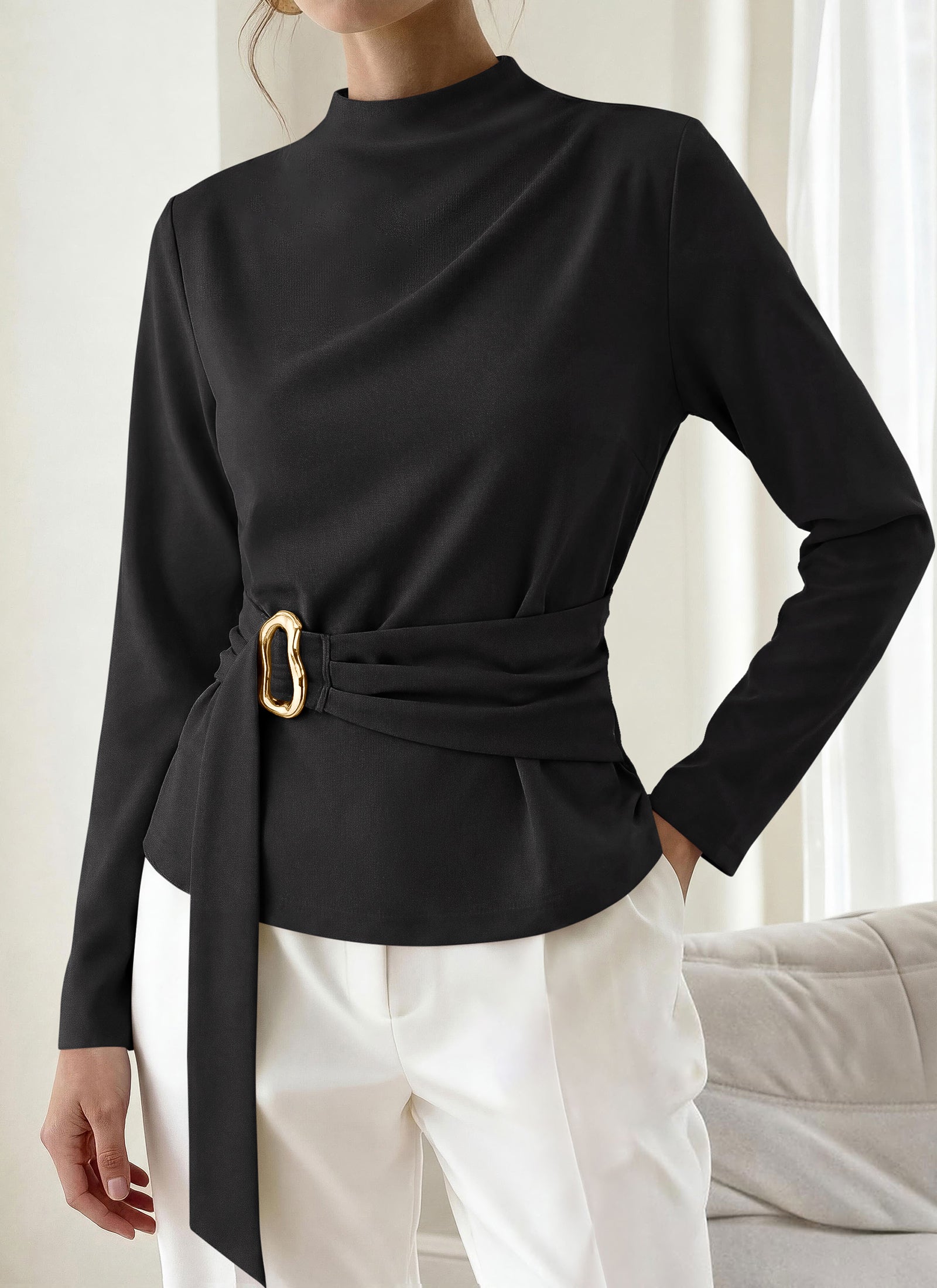 PRETTYGARDEN Women Blouses Fall Dressy Mock Neck Long Sleeve Work Shirts Buckle Belted Tunic Business Casual Tops