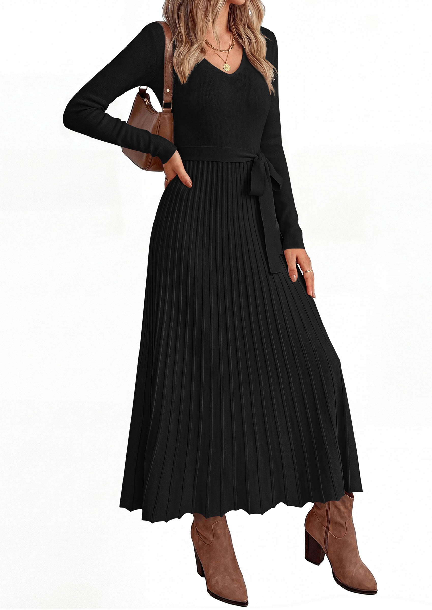 PRETTYGARDEN Womens Fall Maxi Long Sleeve Sweater Dress  Soft Stretchy Knit, V Neck A Line Dresses with Bow, Flowy Pleated Hem, Cocktail Party Outfits, Trendy Winter Clothes