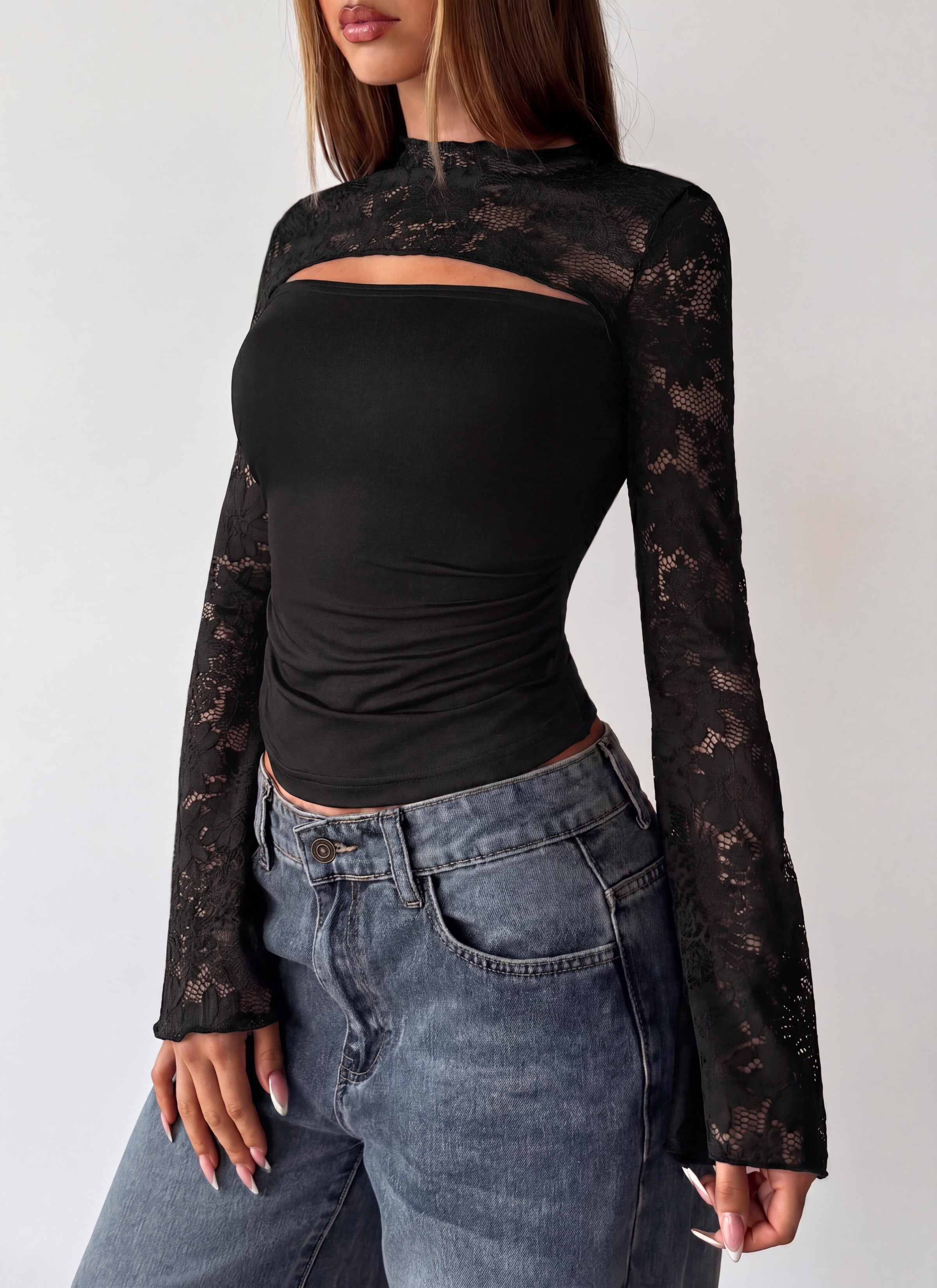 PRETTYGARDEN Womens Tops Fall Sexy Bell Long Sleeve Shirts Cut Out Fitted Y2k Lace Tshirt Ruched Going Out Crop Top 2026