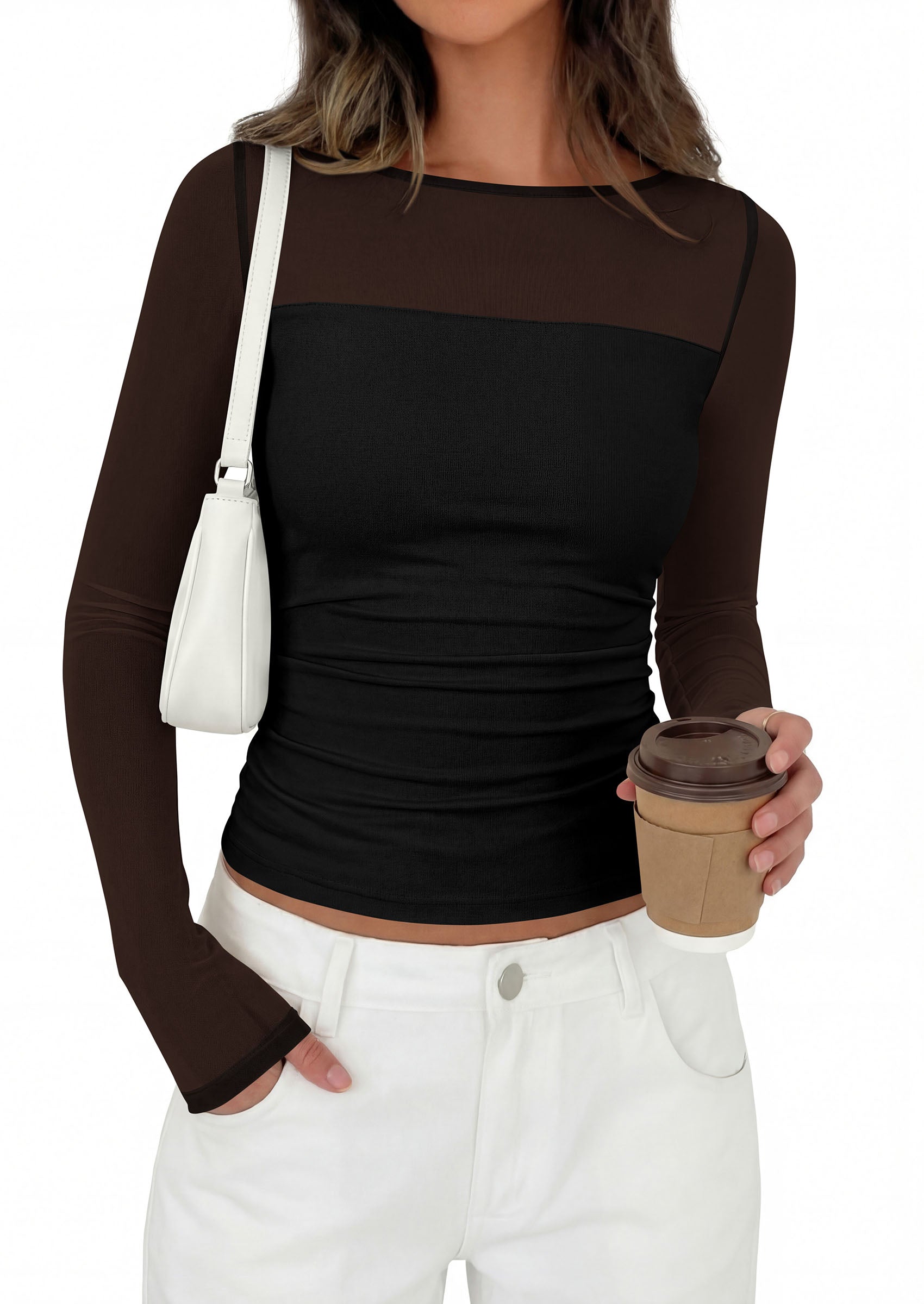PRETTYGARDEN Women's 2026 Fall Long Sleeve T Shirts Sheer Mesh Boat Neck Ruched Fitted Going Out Summer Tops Fashion Clothing