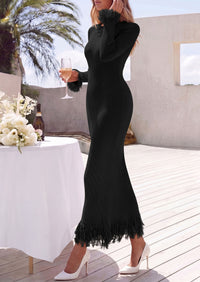 PRETTYGARDEN Womens Long Sleeve Bodycon Sweater Dress  Stretchy Ribbed Knit,Fringe Trim Cuffs & Hem,Slim Fit Crewneck,Date Night Outfits,Fall Winter Wedding Guest Cocktail Dresses