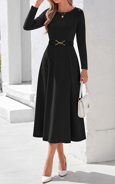 PRETTYGARDEN Women's Fall Long Sleeve Semi Formal Midi Dresses with Pockets Boat Neck, Metal Buckle Tie Waist, Flowy A Line, Elegant Classy Wedding Guest Cocktail Party Dress, Business Casual Outfits