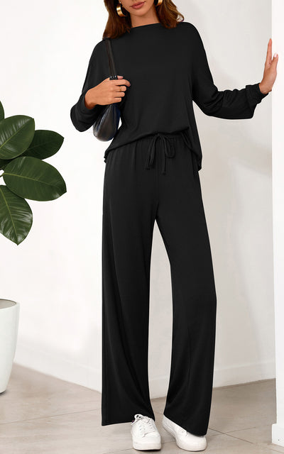 PRETTYGARDEN Womens 2 Pieces Lounge Sets Crewneck Long Sleeve Wide Leg Drawstring Pants Tracksuits Loose Fit Outfits Set