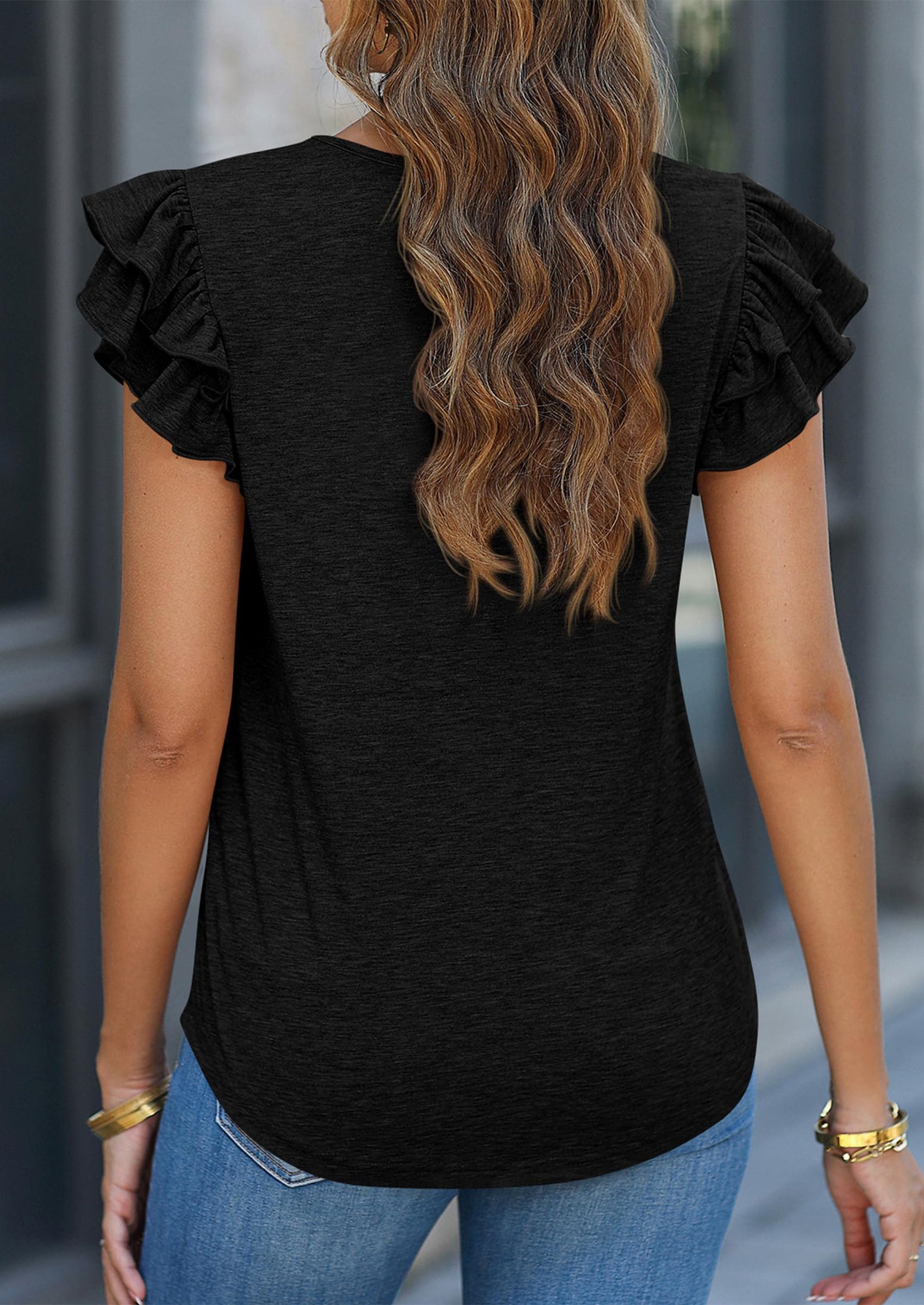 PRETTYGARDEN Summer Tops for Women Spring Trendy Fashion Clothes Casual Ruffle V Neck Short Sleeve Shirts Blouses