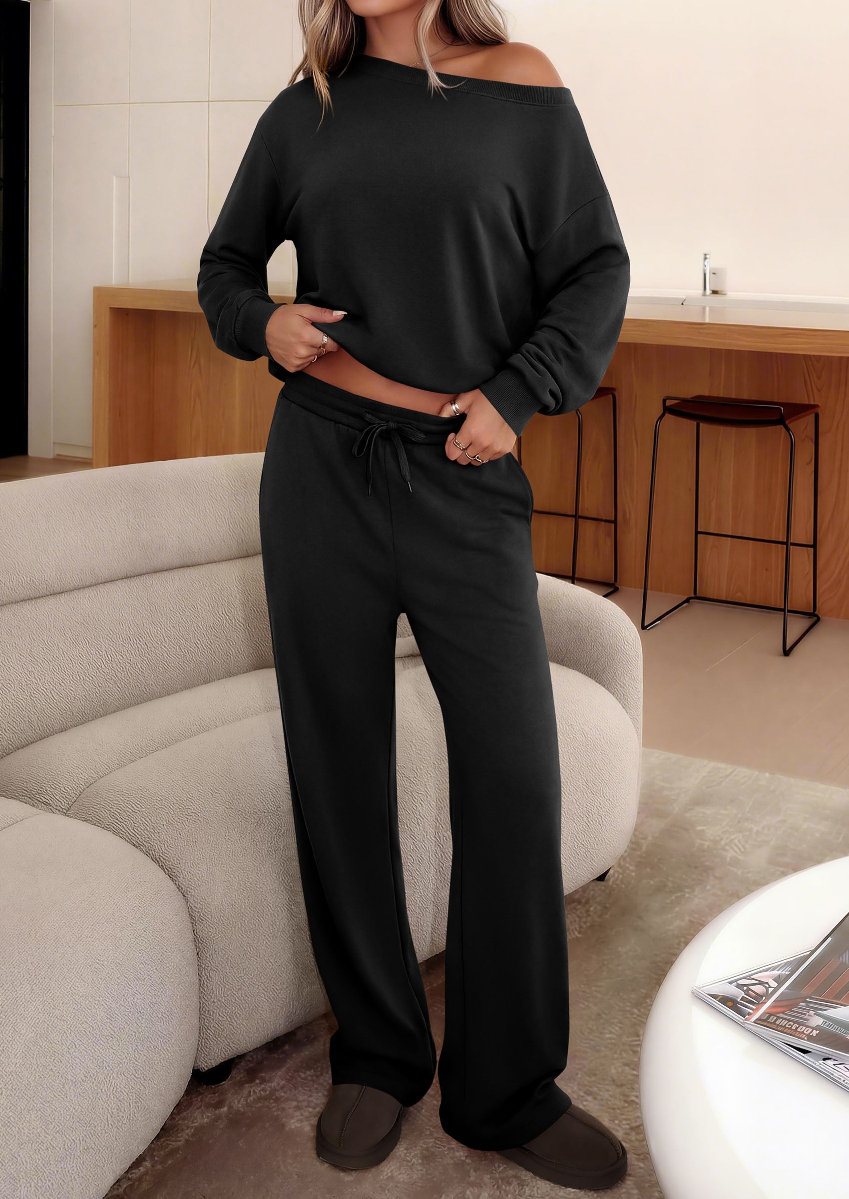 PRETTYGARDEN Womens 2 Piece Casual Matching Lounge Sets  Fashion Off the Shoulder Sweatshirt, Wide Leg Pants with Pockets, Comfy Airport Travel Outfit, 2026 Trendy Fall Set