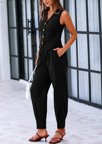 PRETTYGARDEN Two Piece V Neck Button Front Cropped Tank Tops Vest Pockets Pants Cotton Sets