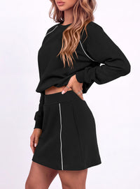 PRETTYGARDEN Women's Two Piece Outfits Matching Skirt Sets | Color Block Long Sleeve Top Sweatshirt, Mini Short Skirts, Elastic Waist Skorts Pocket, 2pc Workout Set, Fall Fashion Clothes
