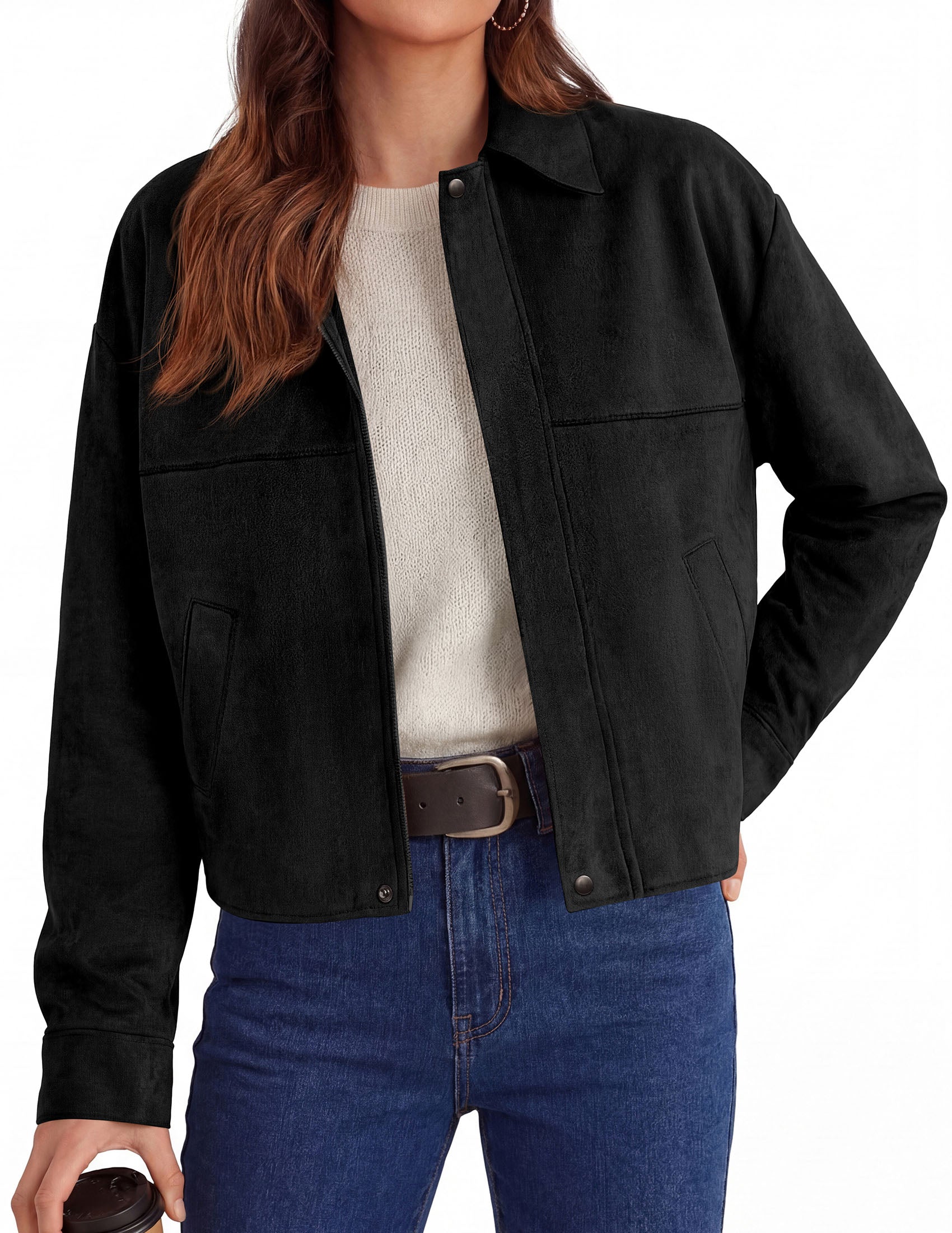 PRETTYGARDEN Women's Faux Suede Cropped Fall Jackets | Soft Zip Up Coats,Classic Lapel Collar,Button Down Shacket,Oversized Casual Outerwear,Trendy Winter Clothes with Pockets