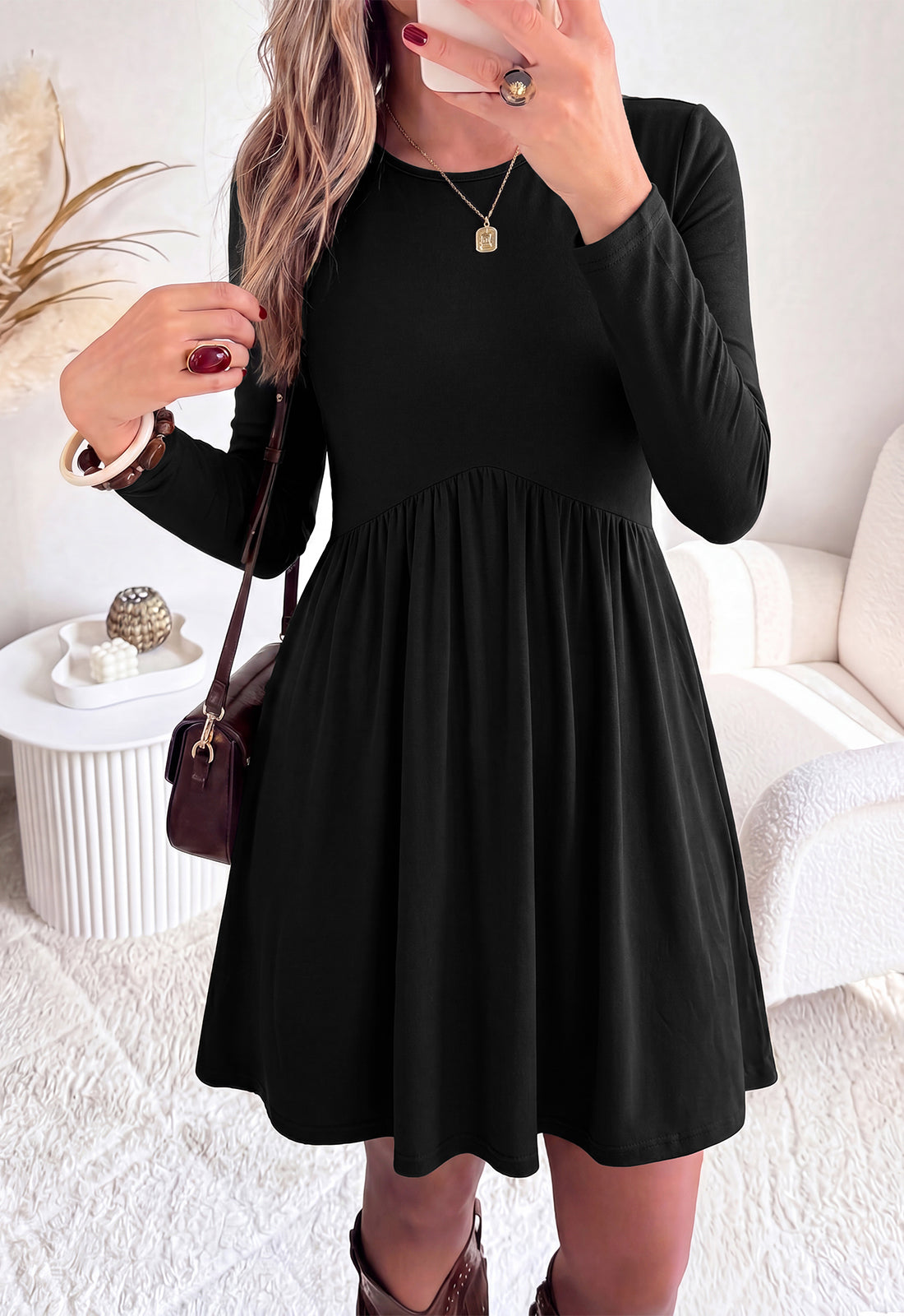 PRETTYGARDEN Womens Long Sleeve Empire Waist Maternity Dress with Pockets Crewnck Flowy A Line Casual Dresses, Above Knee Length, Solid Color & Floral, Baby Shower Outfits, Travel Fashion Clothes