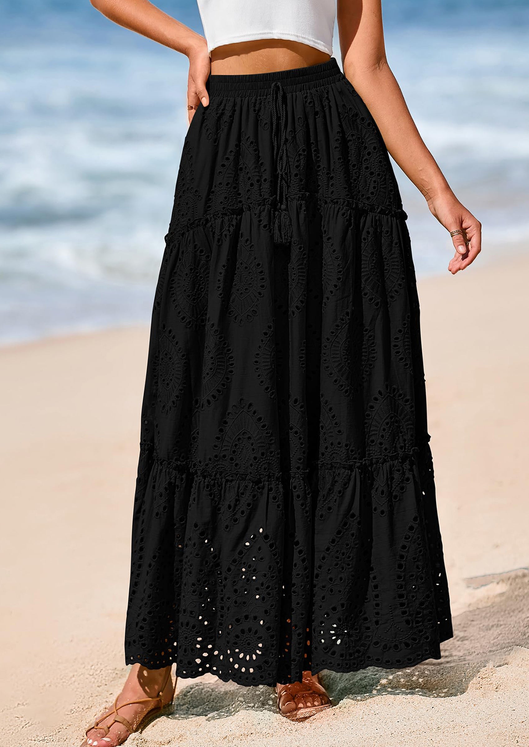 BTFBM Women's Boho Casual Skirts Summer Lace Embroidery Eyelet Elastic Waist Flowy Tiered A-Line Beach Maxi Skirt