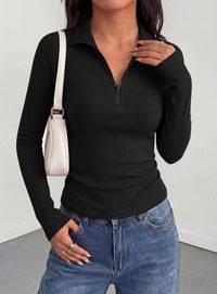 PRETTYGARDEN Women's Fall Quarter Zip Long Sleeve Shirts | Soft Stretchy Ribbed Knit, Collared Zipper Slim Fitted, Raglan Sleeves Pullover, Dressy Casual Tops, Trendy Going Out Outfits