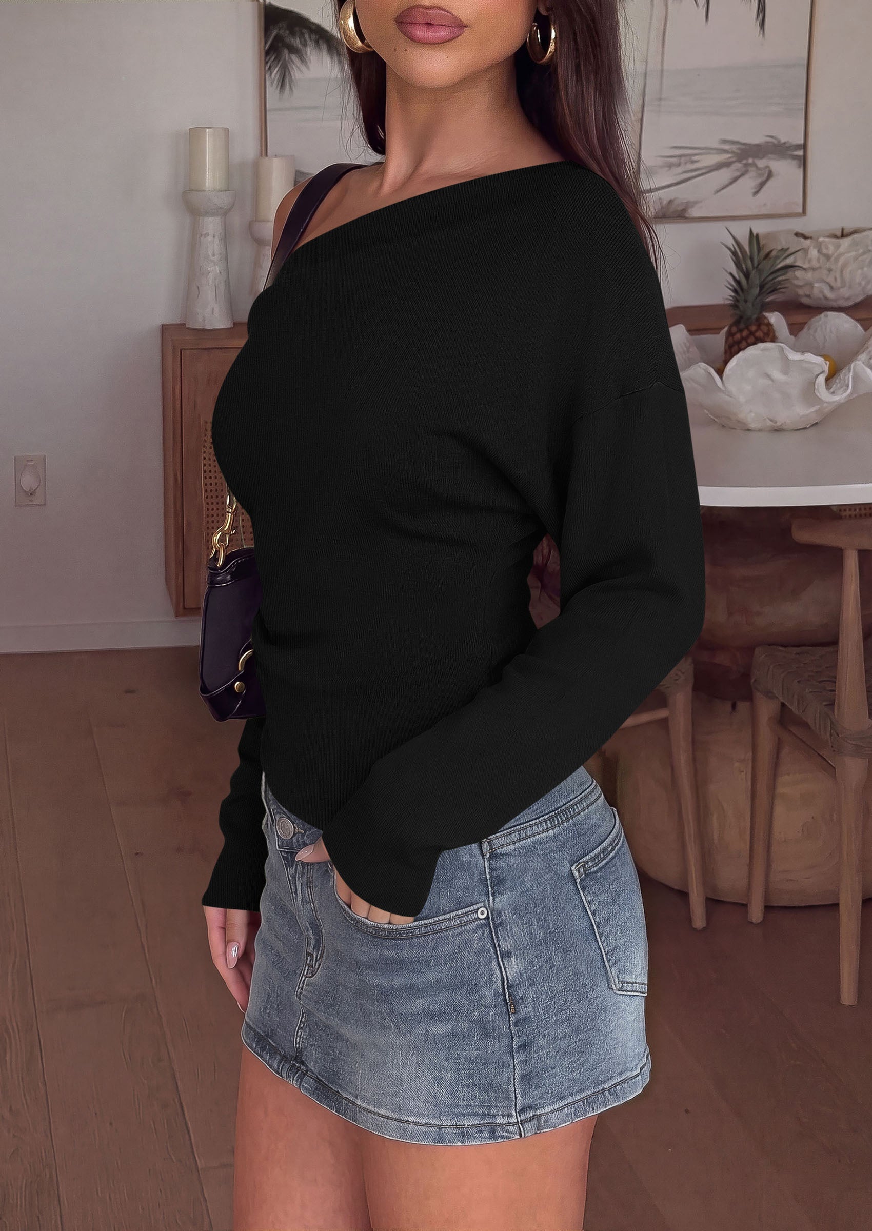 PRETTYGARDEN Womens Fall Long Sleeve Off Shoulder Sweater  Soft Knit Fabric, Fashion Batwing Sleeve, Chic Asymmetrical Hem, Casual Going Out Sweater, 2026 Trendy Winter Clothes