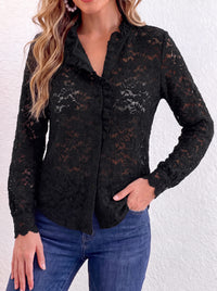 PRETTYGARDEN Women Lace Tops Button Down Long Sleeve Shirts  | Sheer Lace Button Shirts, Elegant Ruffle Collar Blouses, Eyelet Tops Dressy Casual, Date Night Outfit, Fall Fashion Clothing