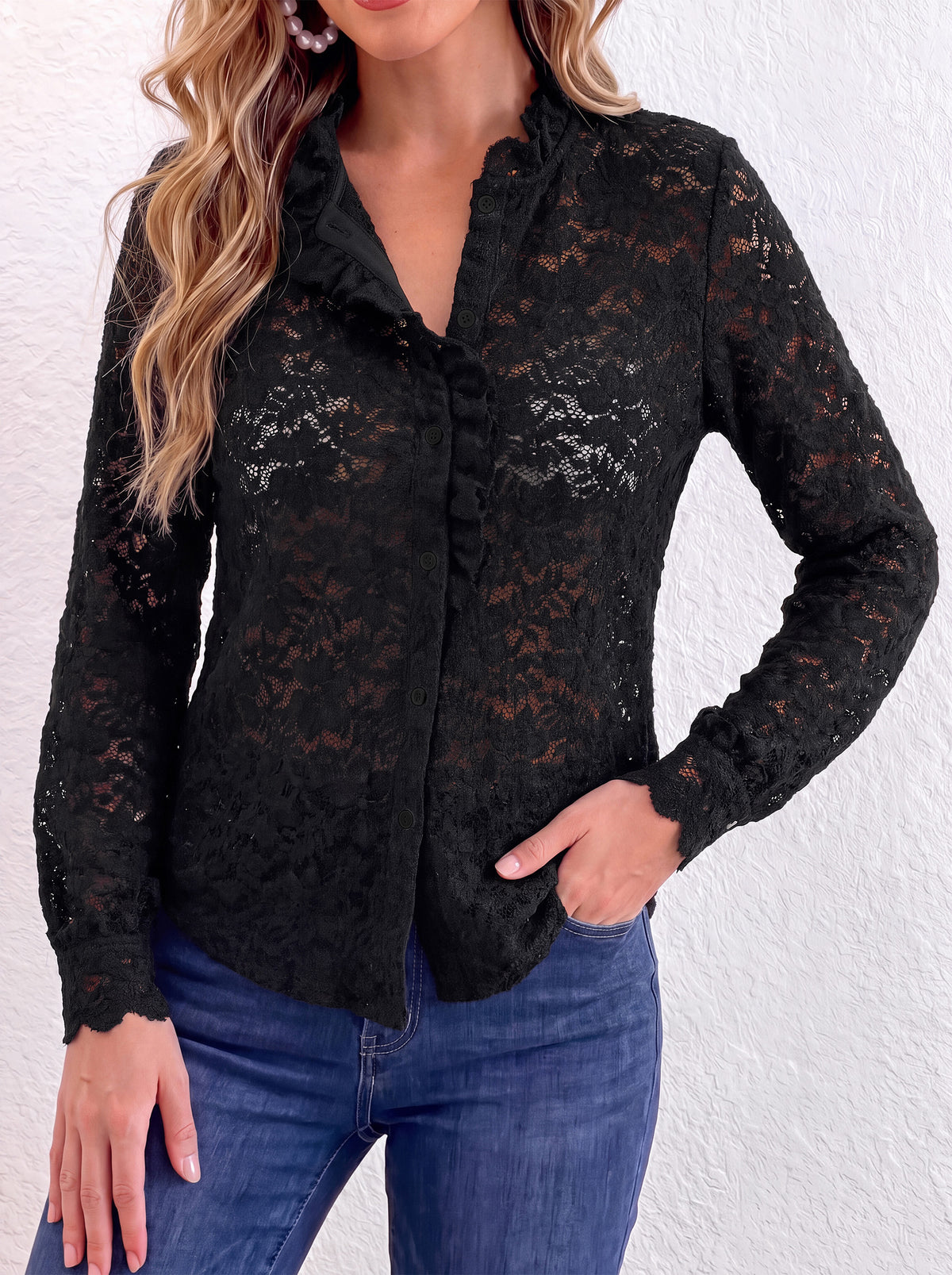 PRETTYGARDEN Women Lace Tops Button Down Long Sleeve Shirts  | Sheer Lace Button Shirts, Elegant Ruffle Collar Blouses, Eyelet Tops Dressy Casual, Date Night Outfit, Fall Fashion Clothing